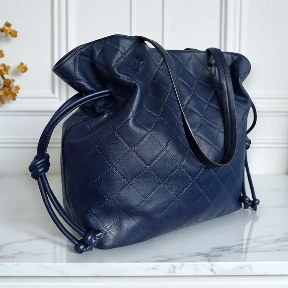 Tory Burch Georgia Quilted Leather Tote Navy Blue Slouchy Golden Hardware - Picture 13 of 17